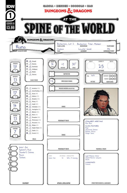Dungeons & Dragons: At the Spine of the World #1 (Character Sheet Cover)